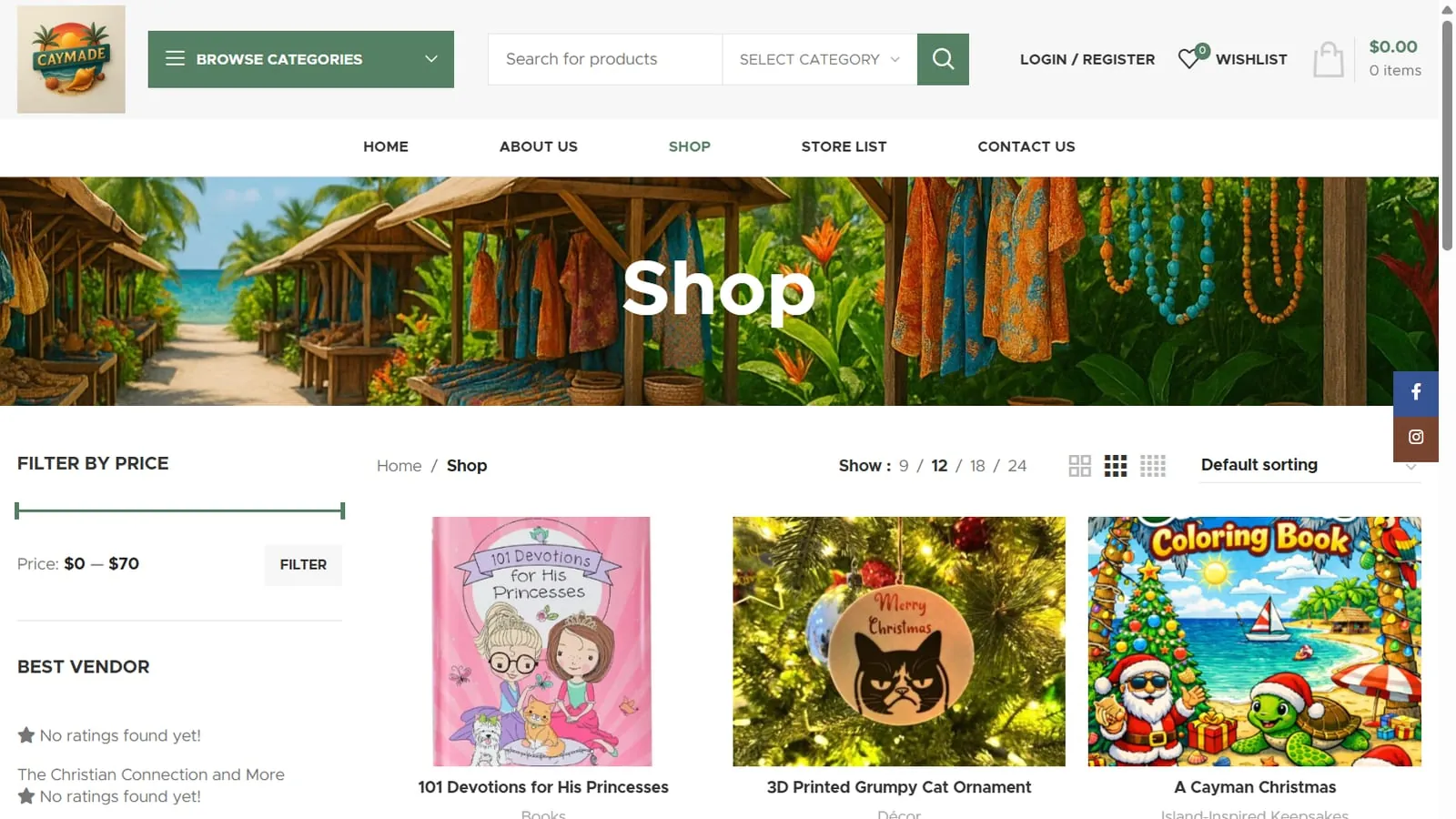 The CayMade shop page, with a price filter, a best-vendor list, product grid options and sorting
