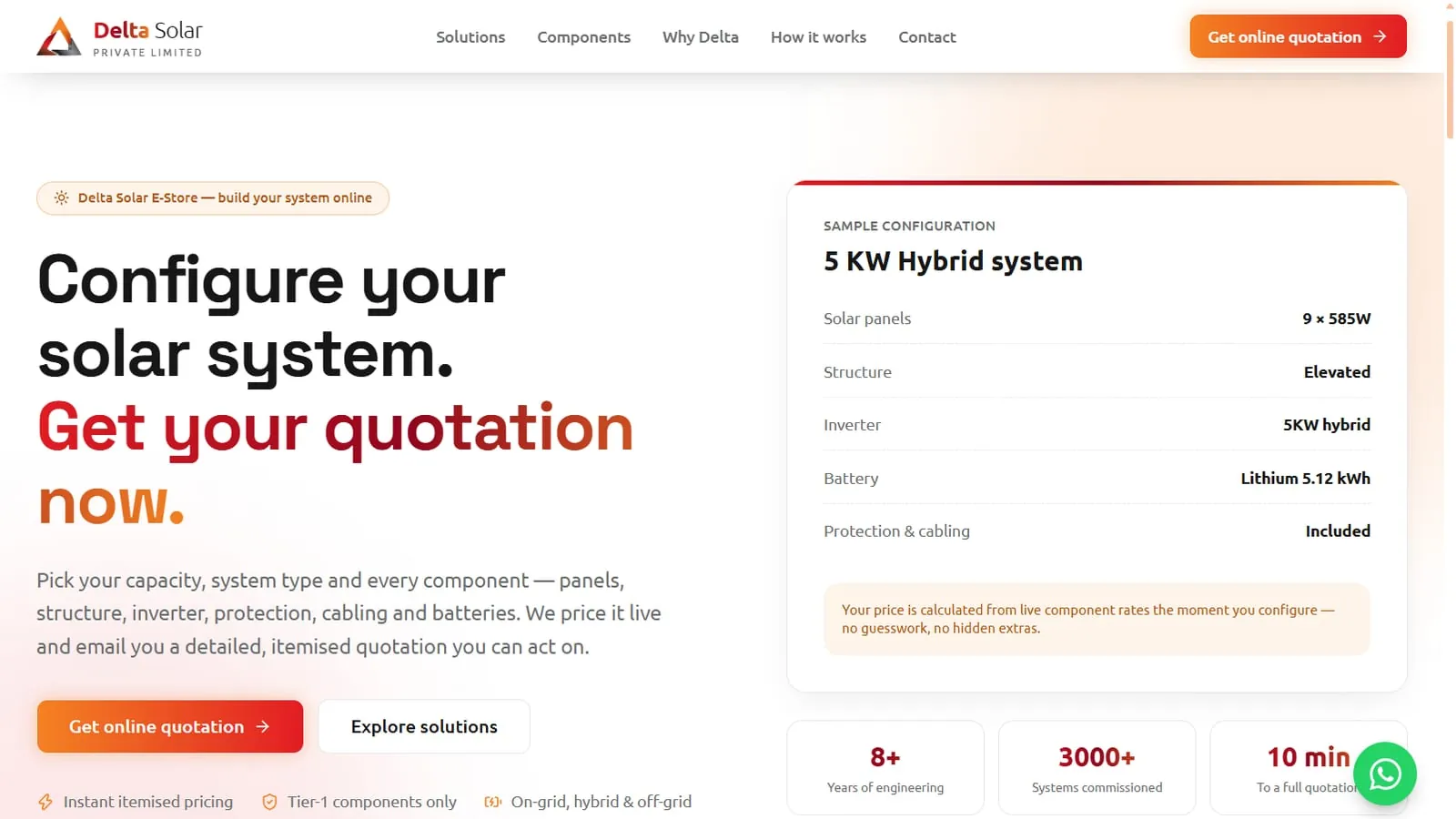 Delta Solar: online quotation platform screenshot