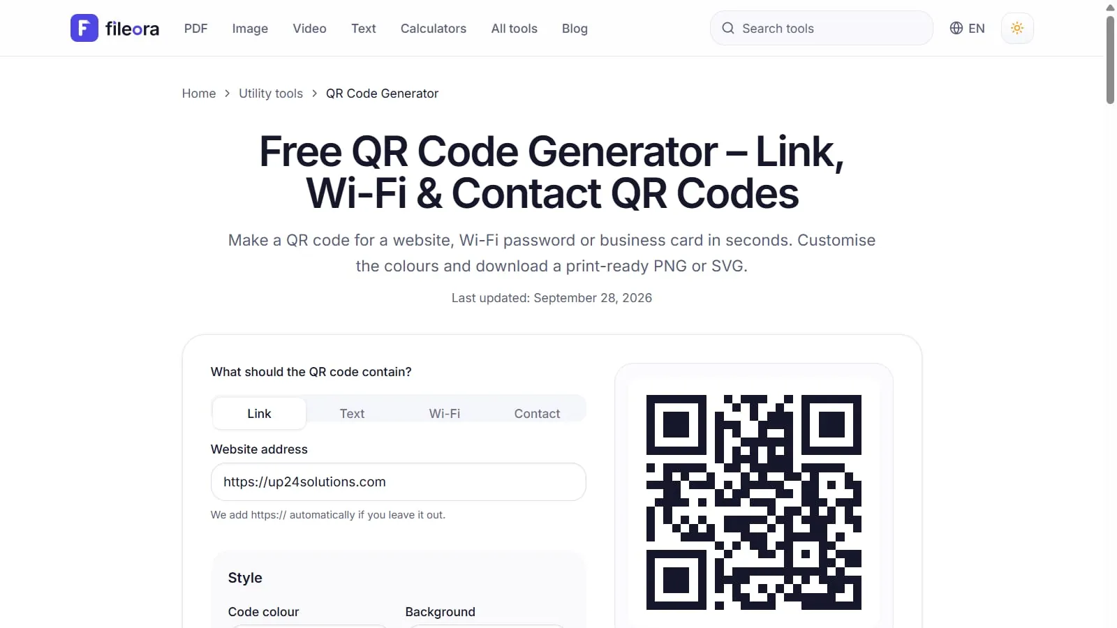 The QR code generator on Fileora, with a text field, style options and the finished QR code beside it