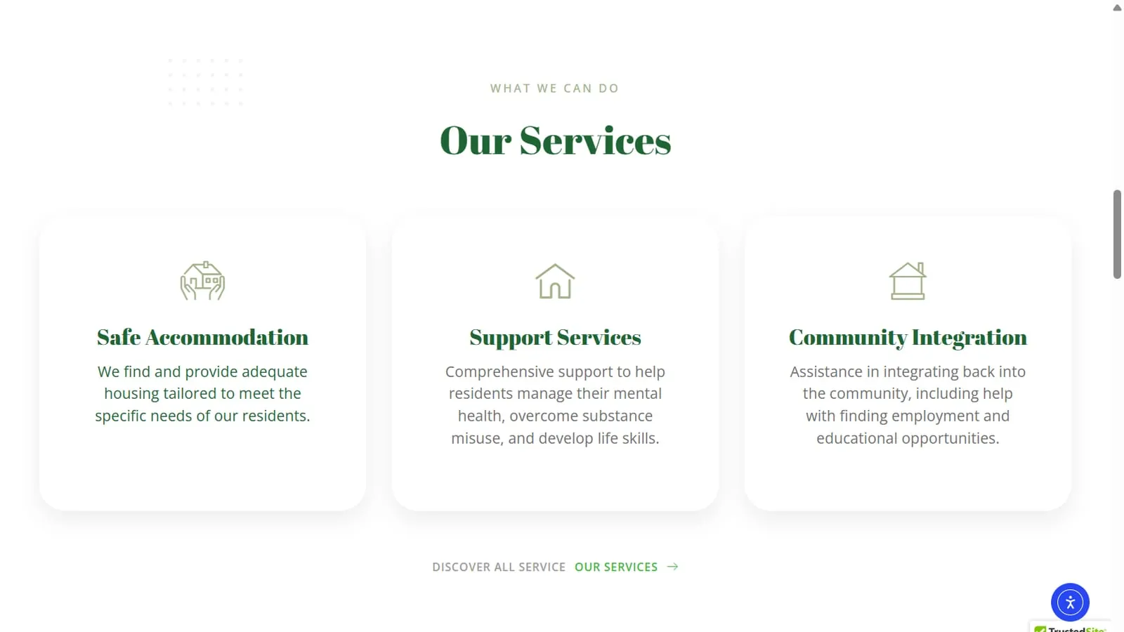 The services section of the Jahn Housing & Support home page: safe accommodation, support services and community integration