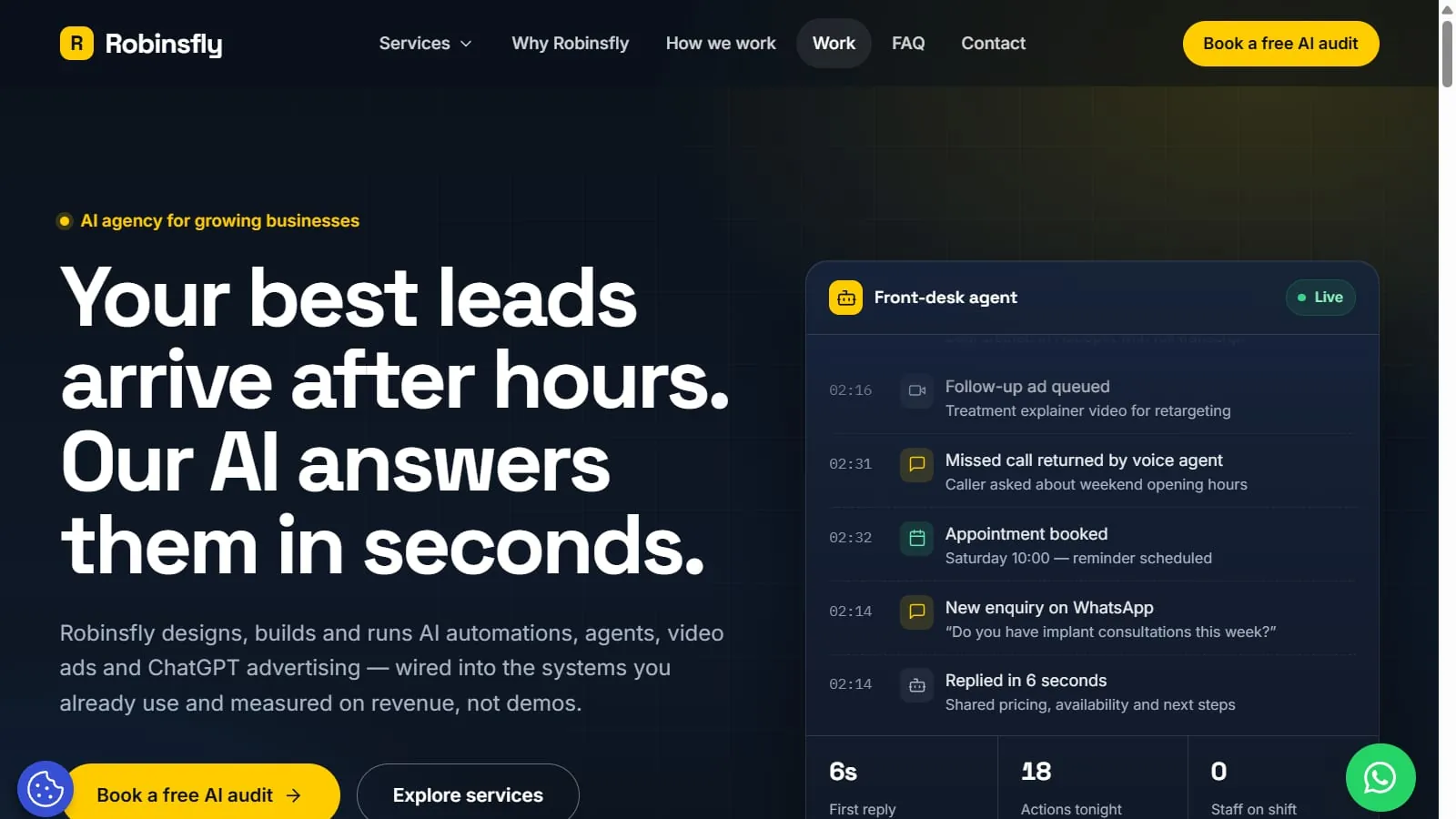 Robinsfly: lead-generation website for an AI agency screenshot