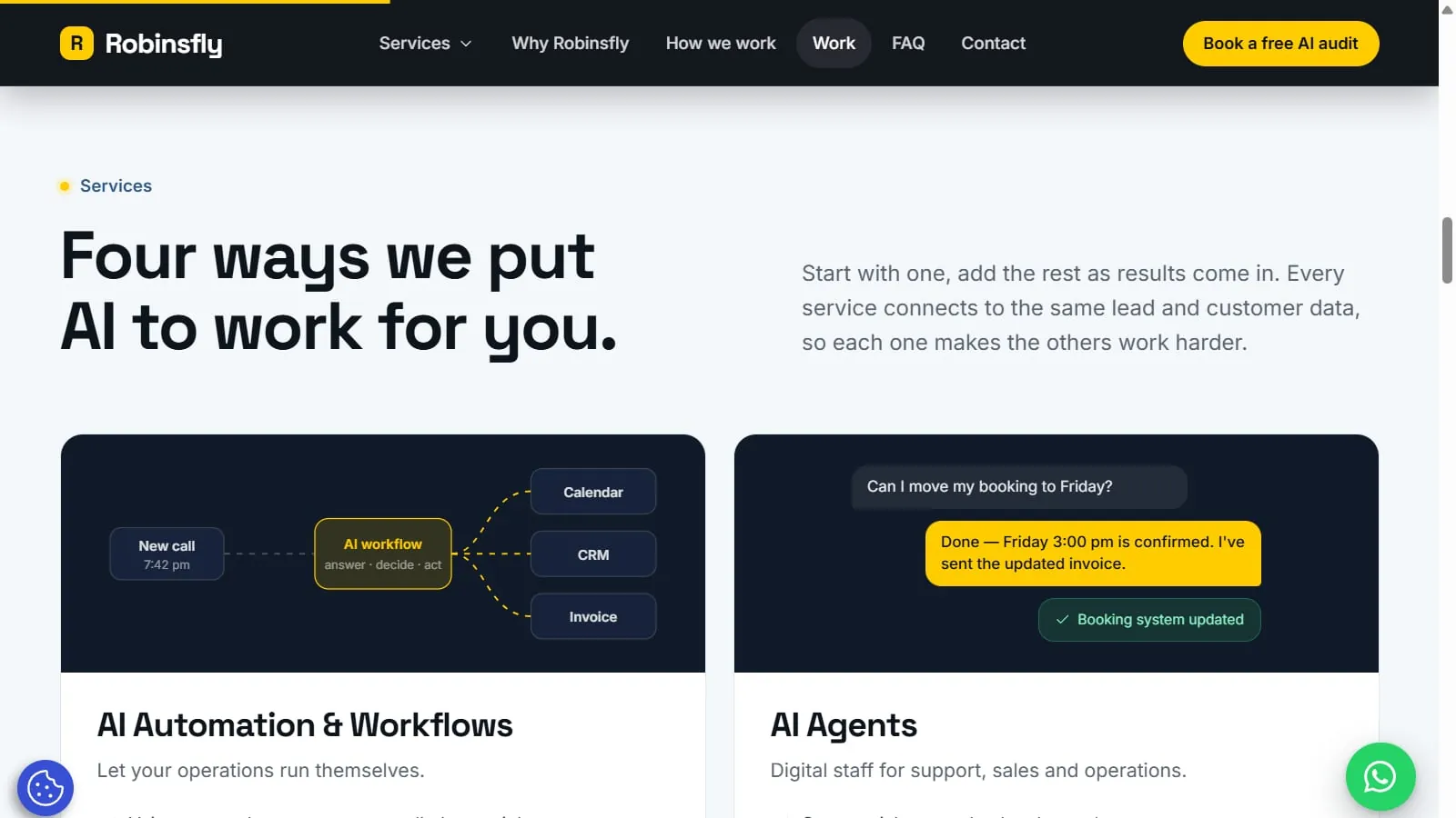 The services section of the Robinsfly site, with cards for AI automation and workflows and for AI agents