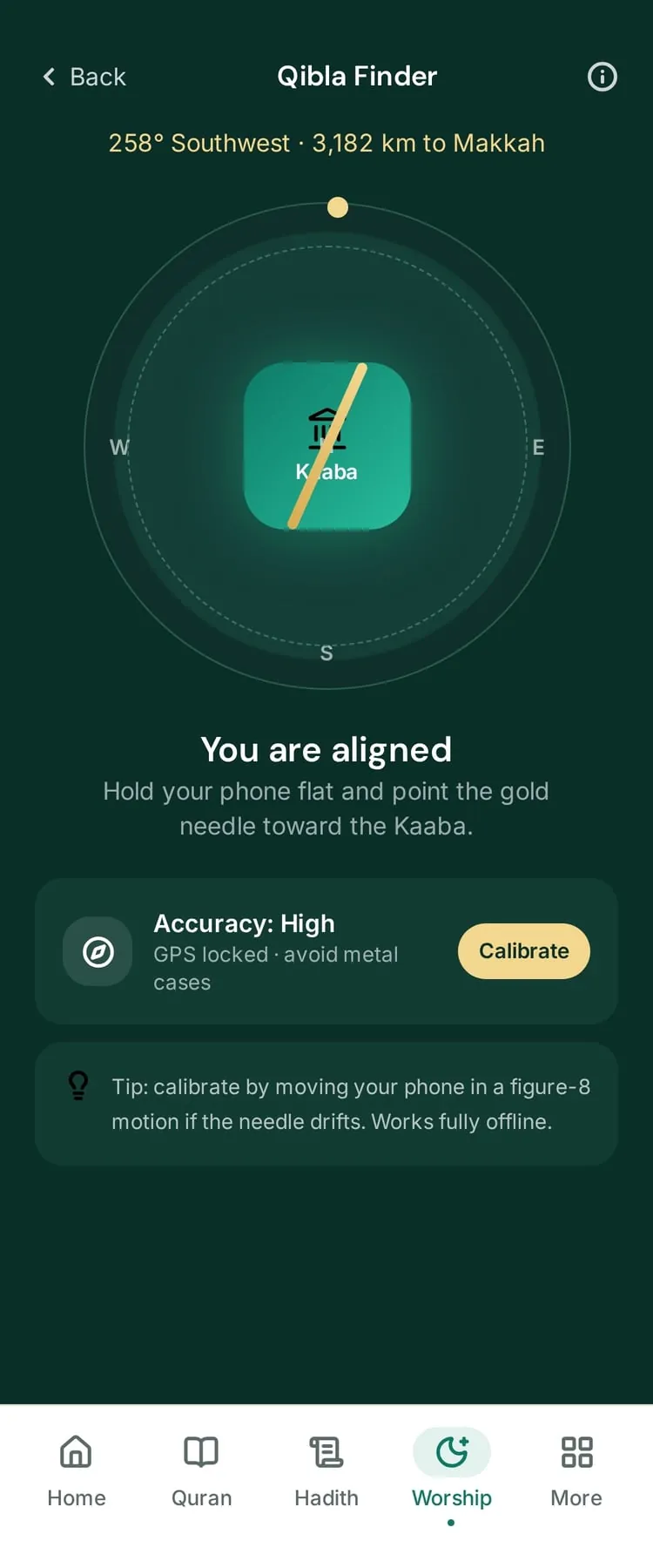 The Qibla finder: a compass with a gold needle pointing to the Kaaba, the distance, and a calibration tip