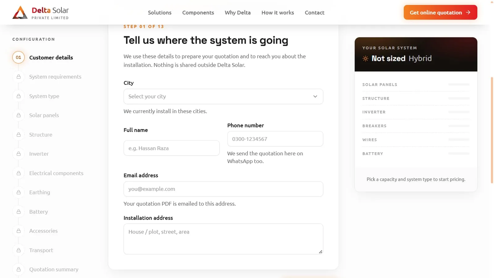The thirteen-step configurator, with the step list on the left and the running system summary on the right