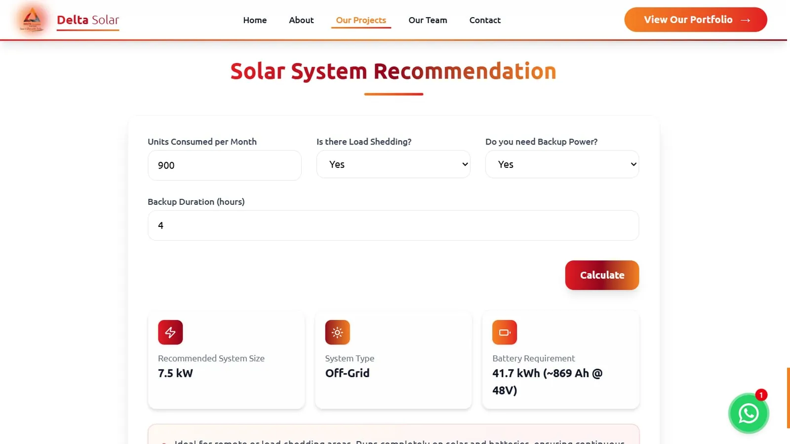 The system recommendation calculator on the Delta Solar website, showing a recommended system size, system type and battery requirement
