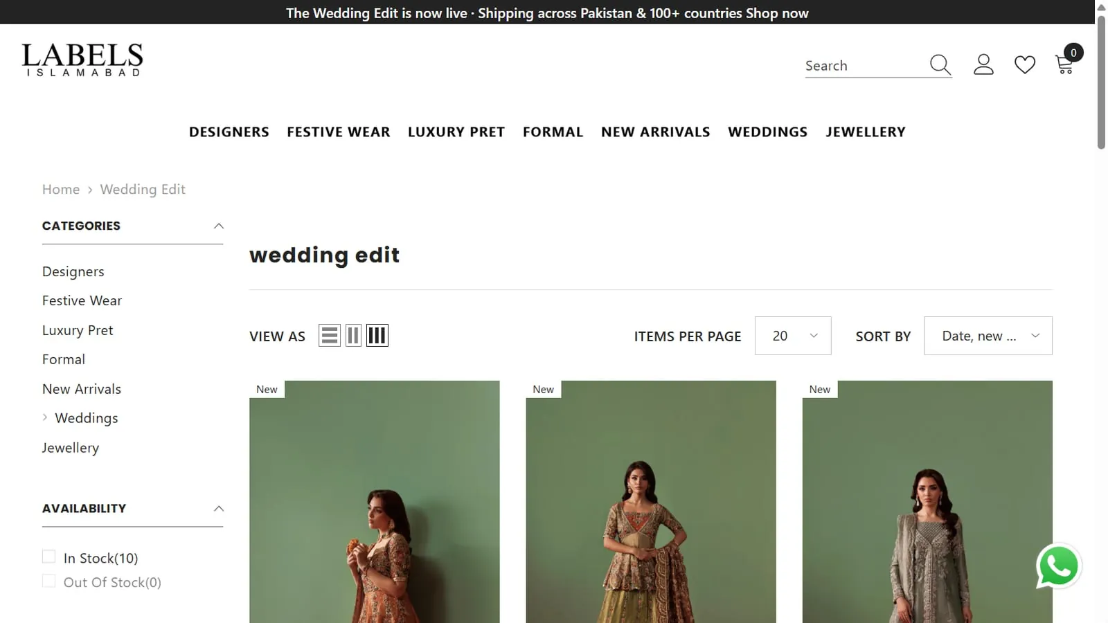 A collection page on the labels Islamabad store, with a category list, an availability filter, grid options, items per page and sorting