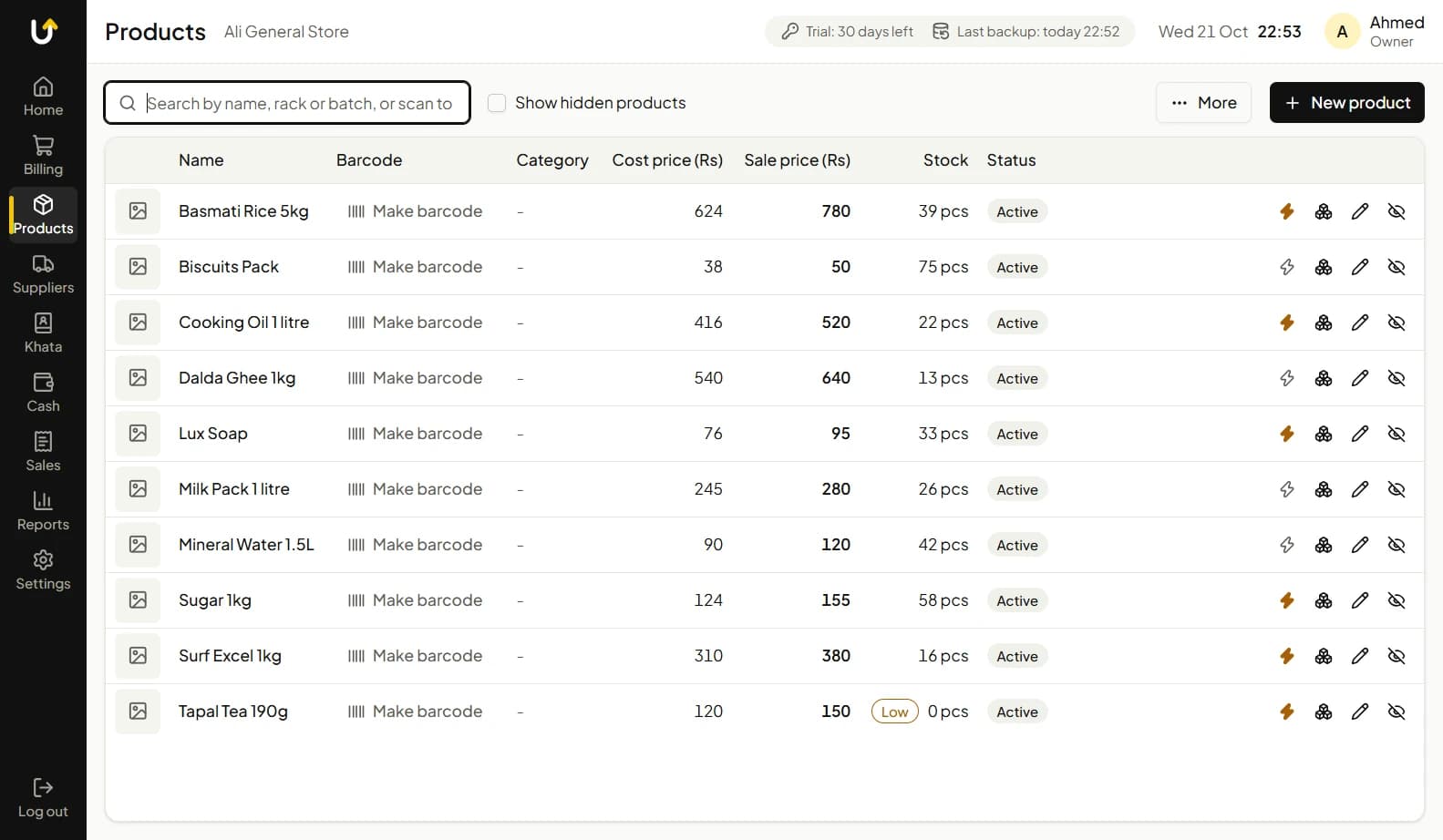 The products list with cost and sale prices, stock levels and a low-stock marker